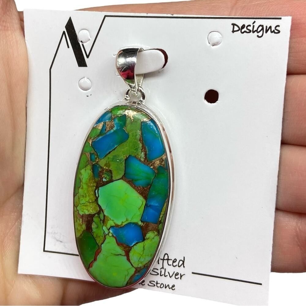 Kingman Turquoise Necklace Pendant Oval Solid 925 Sterling Silver Green Blue - Picture 6 of 8
